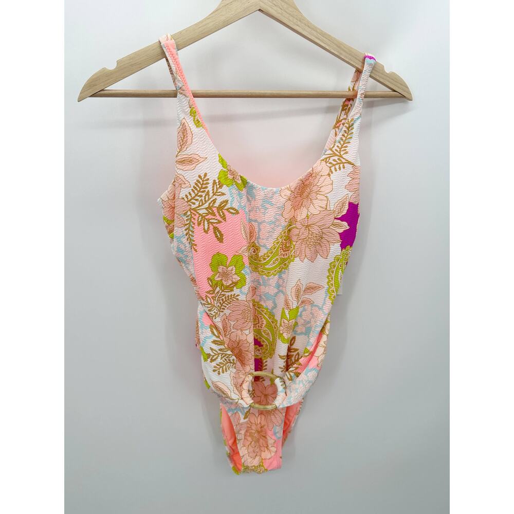 Breaking Waves Pink Floral Belted One Piece Swimsuit‎ Women's Size Medium M NWT